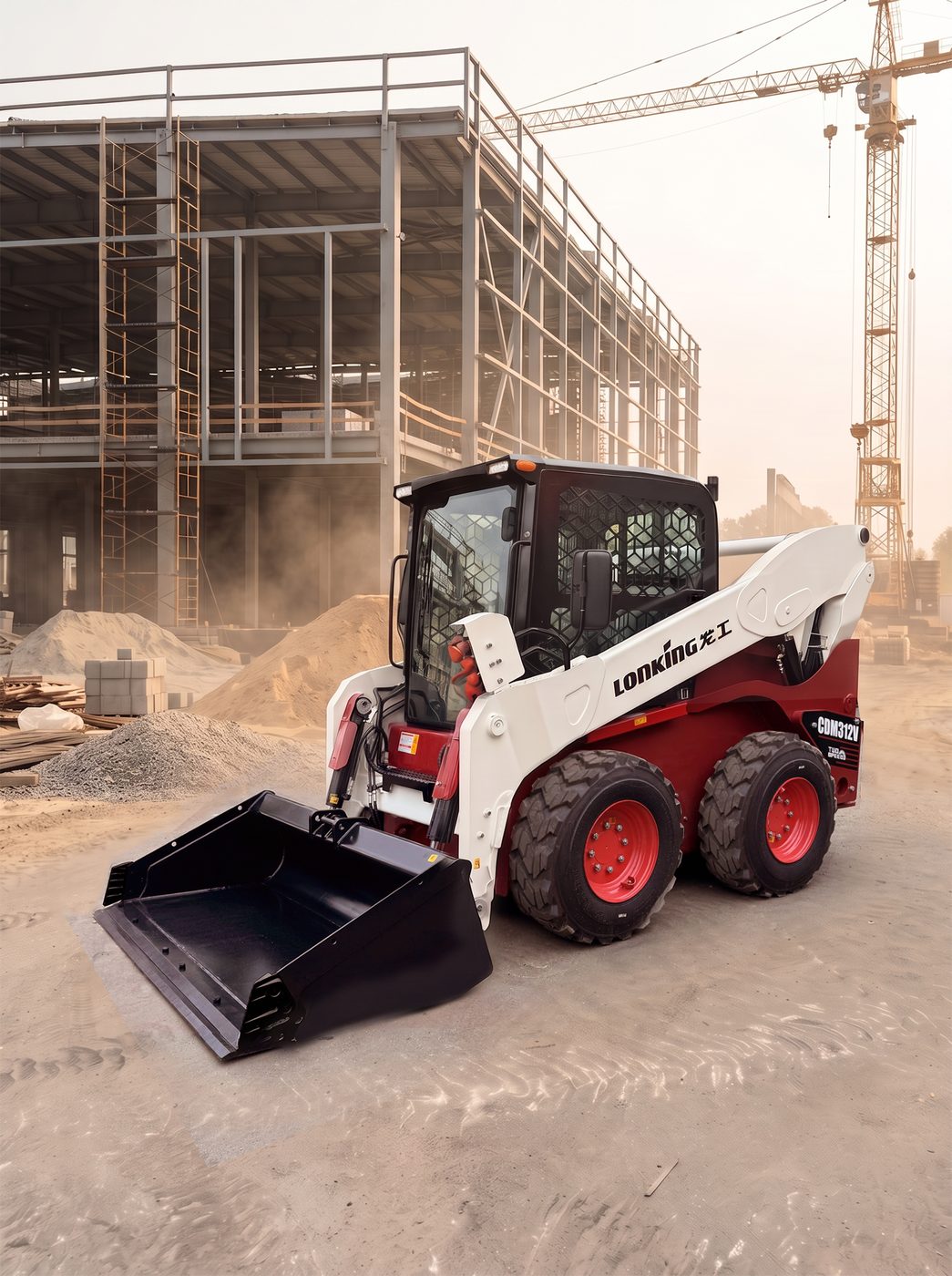 Minicargador Lonking CDM312V operando en obra